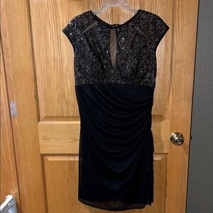 Betsy & Adam Black and Gold Lace Midi Dress